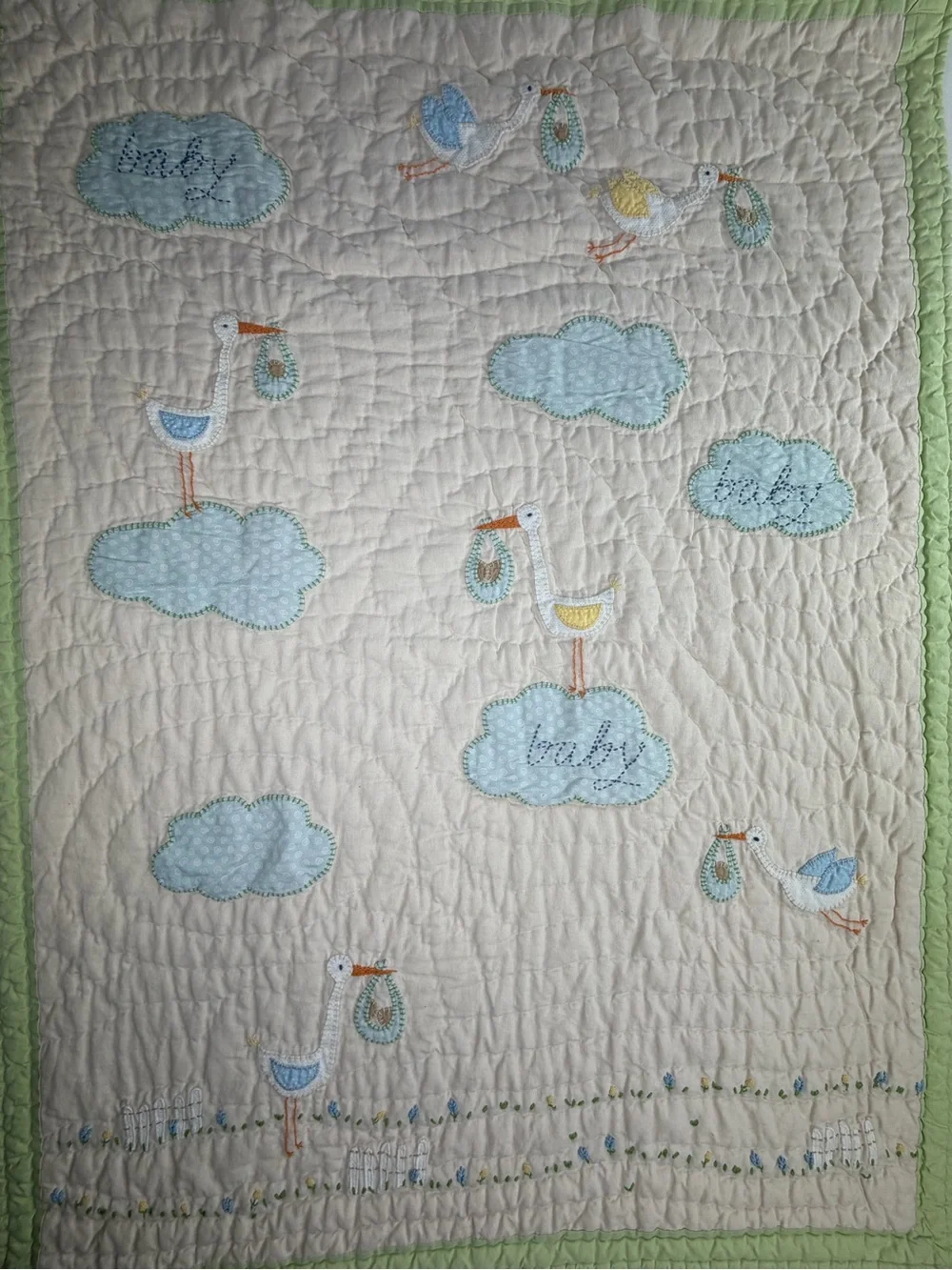 36 X 50 Vintage Pottery Barn Baby Quilt Blanket with  Embroidered Design